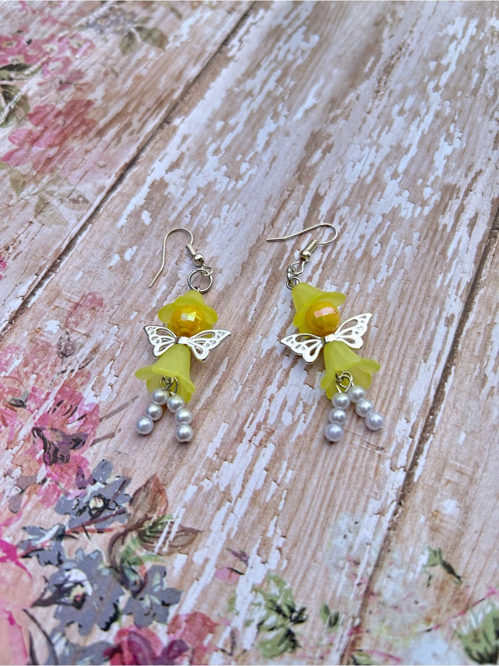 Handmade Yellow Flower Drop Earrings with Silver Butterfly Accents